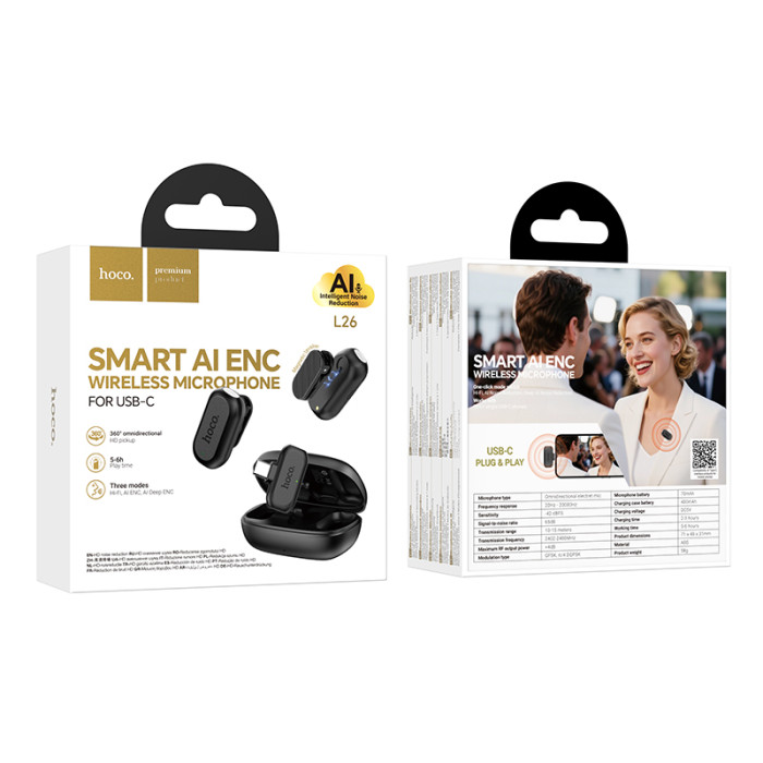 Бездротова мікрофонна система HOCO L26 Type-C Smart AI noise reduction wireless microphone Black