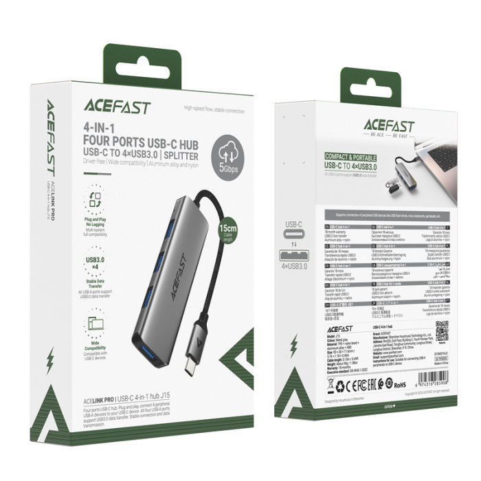USB-хаб ACEFAST J15 USB-C 4-in-1 HUB Metal Gray