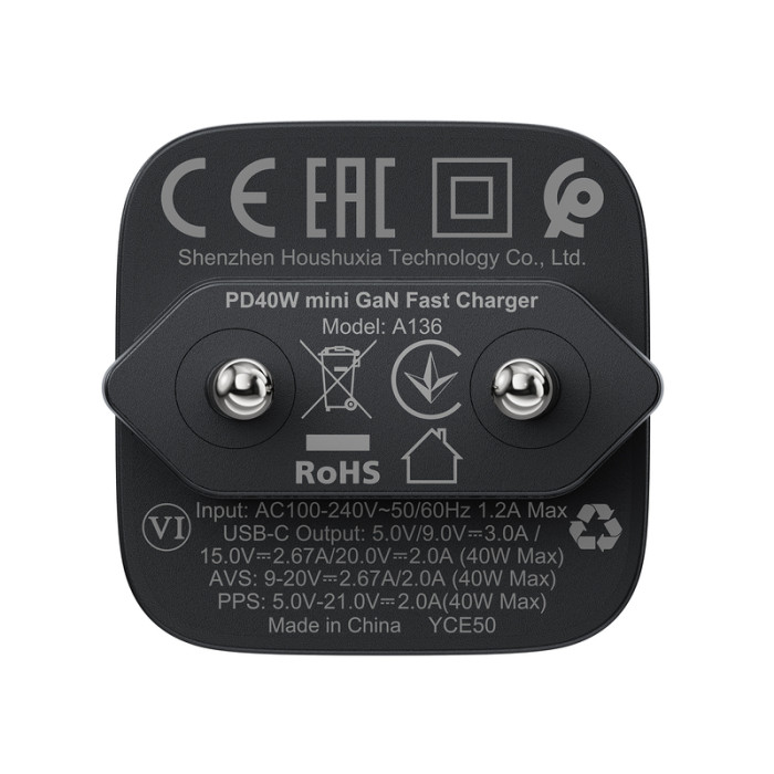 Мережевий зарядний пристрій ACEFAST A136 PD40W mini GaN USB-C fast charger Black
