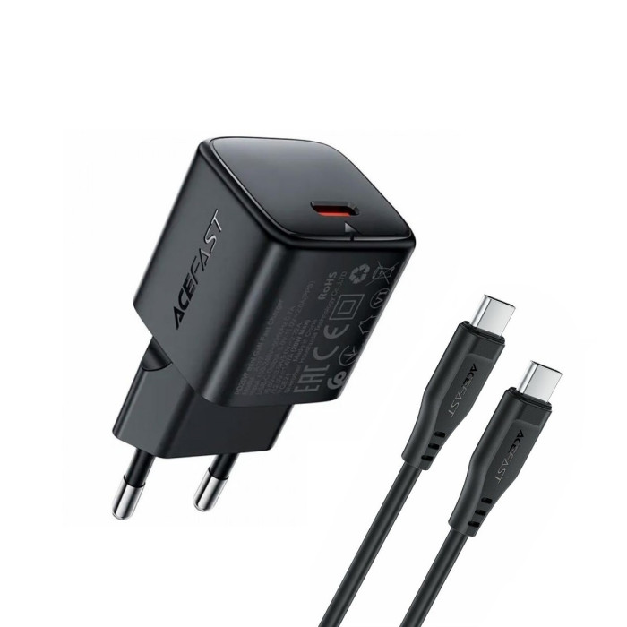 Мережевий зарядний пристрій з кабелем ACEFAST A117 PD20W mini GaN fast charger set(P16),black Black