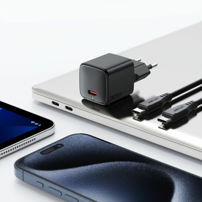 Мережевий зарядний пристрій з кабелем ACEFAST A117 PD20W mini GaN fast charger set(P16),black Black