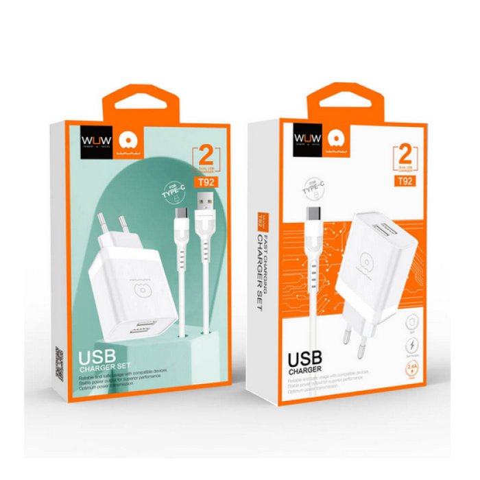 Мережевий зарядний пристрій з кабелем WUW-T92 2USB/2.4A set type-c