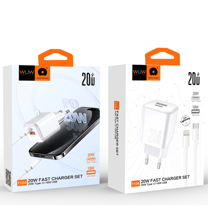 Мережевий зарядний пристрій з кабелем WUW-T104L PD20W A+C Lightning kit