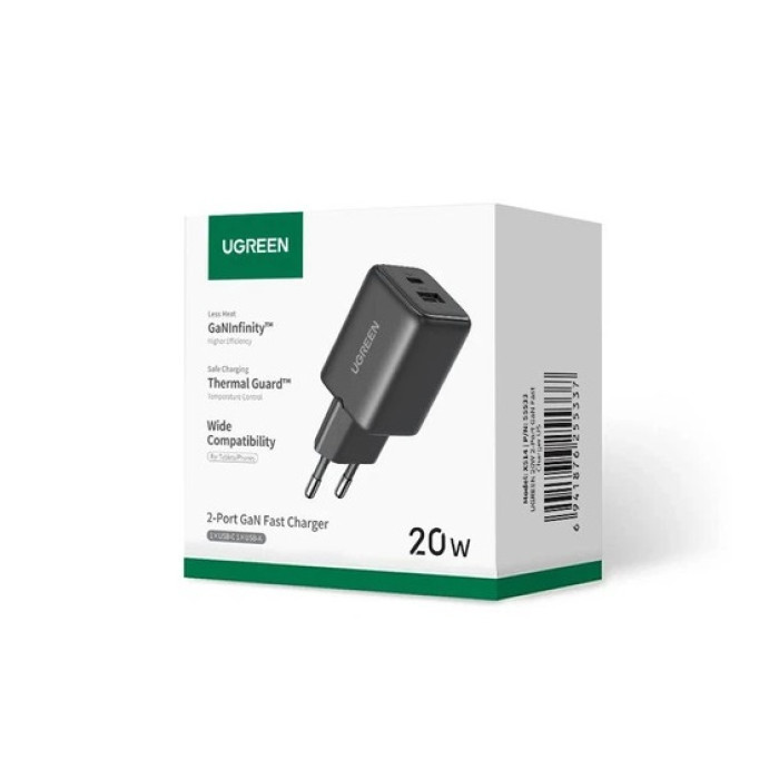 Мережевий зарядний пристрій UGREEN X514 20W 2-Port GaN Fast Charger EU black