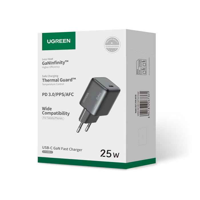 Мережевий зарядний пристрій з кабелем UGREEN X517 25W USB-C GaN Fast Charger Set EU+1M CC Cable black