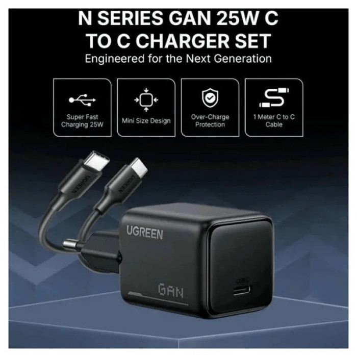 Мережевий зарядний пристрій з кабелем UGREEN X517 25W USB-C GaN Fast Charger Set EU+1M CC Cable black