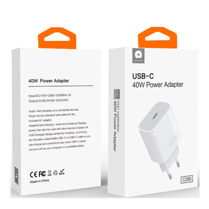 Мережевий зарядний пристрій WUW-C280 Type-C PD 40W charger