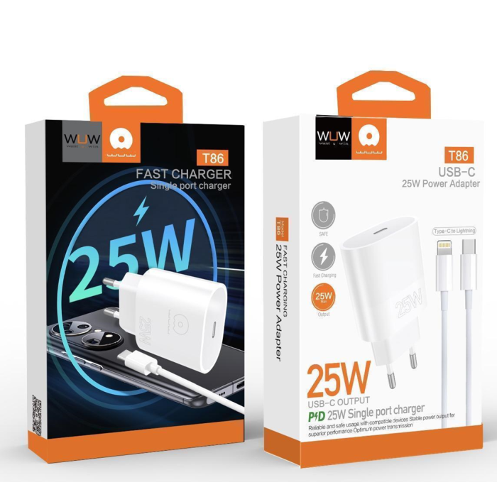 Мережевий зарядний пристрій з кабелем WUW-T86L PD 25W fast charger + USB C to lighting set