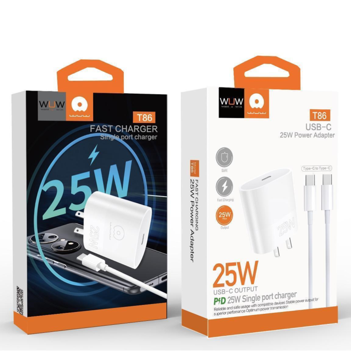 Мережевий зарядний пристрій з кабелем WUW-T86C PD 25W fast charger + USB C to USB C cable set