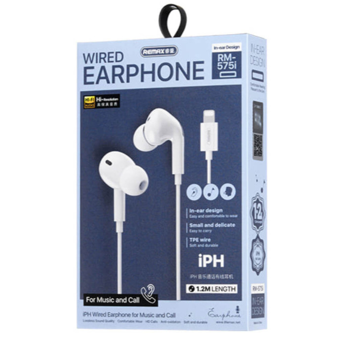 Навушники дротові REMAX Wired Earphones for Music and Call RM-575/a/i (Lightning) White
