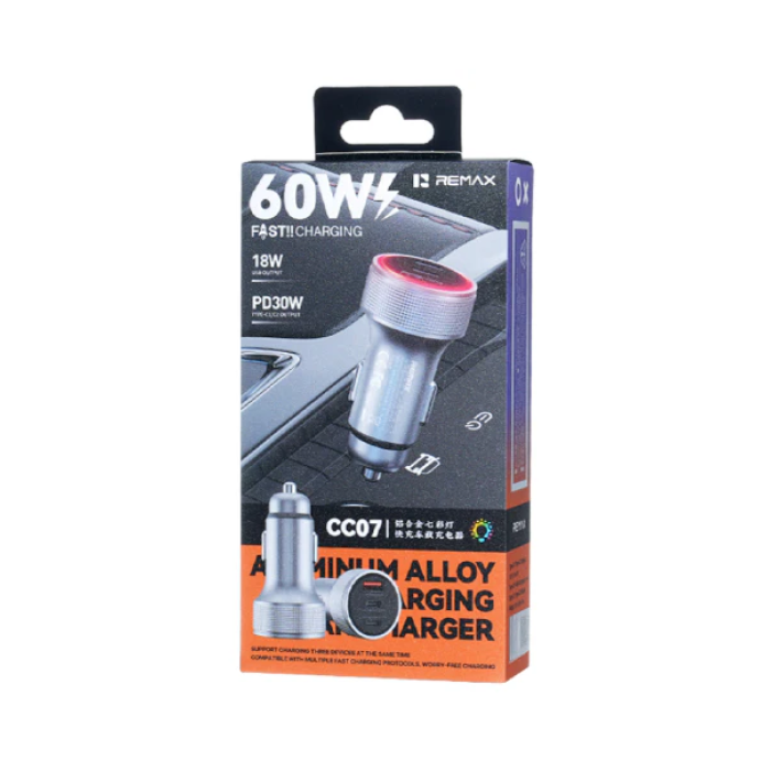 Автомобільний зарядний пристрій REMAX 60W Aluminum Alloy Colorful Light Fast Charging Car Charger CC07 Tarnish