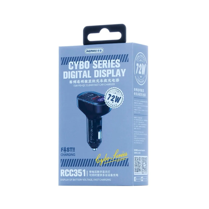 Автомобільний зарядний пристрій REMAX Cybo Series 72W PD+QC 1A+2C Transparent Fast Car Charger with Digital Display RCC351 Black