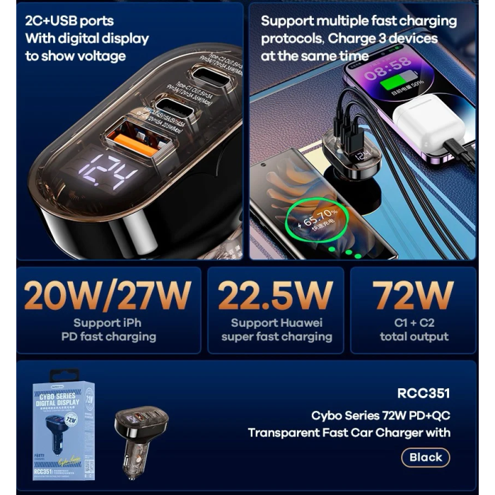 Автомобільний зарядний пристрій REMAX Cybo Series 72W PD+QC 1A+2C Transparent Fast Car Charger with Digital Display RCC351 Black