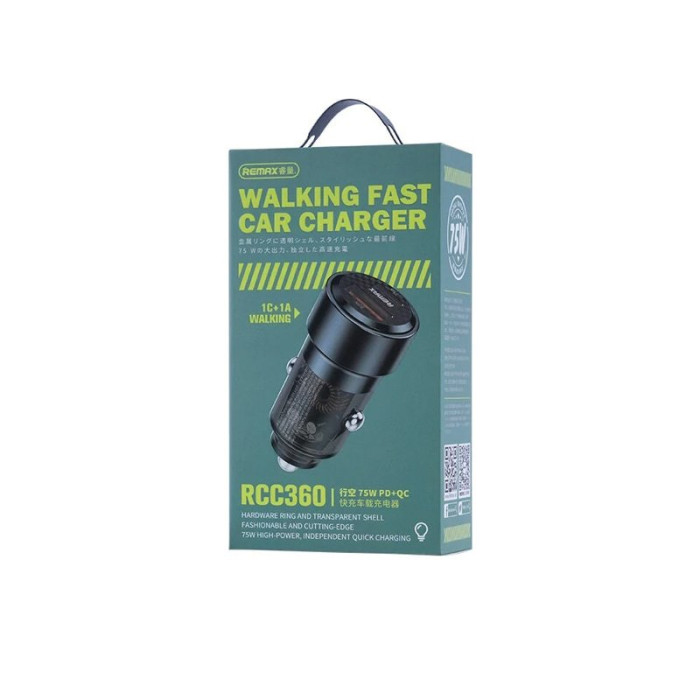 Автомобільний зарядний пристрій REMAX Walking Series 75W PD+QC 1C+1A Fast Car Charger RCC360 Black