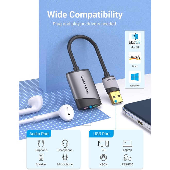 Адаптер Vention USB External Sound Card 0.15M Gray Metal Type (CDKHB)