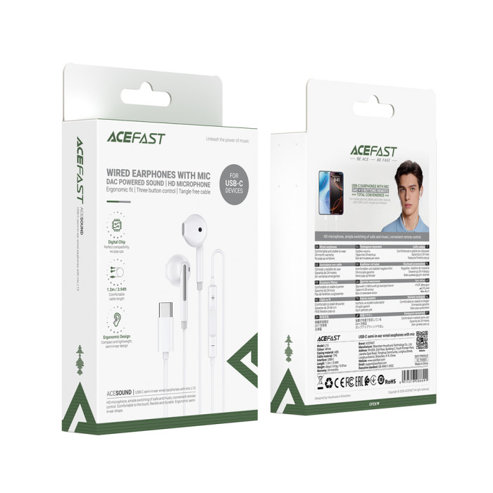Навушники ACEFAST L13 USB-C semi-in-ear wired earphones with mic White
