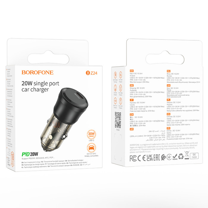Автомобільний зарядний пристрій BOROFONE BZ24 Clever single port PD20W car charger Transparent Black