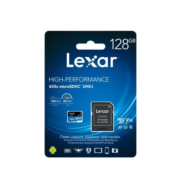 Карта пам'яті microSDXC (UHS-1 U3) Lexar High-Performance 633x 128Gb class 10 V30 A1 (100Mb/s) Blue Series (adapter SD)