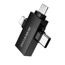 Адаптер BOROFONE BV26D iP male/Type-C male/Micro male to USB female USB2.0 3-in-1 adapter Black