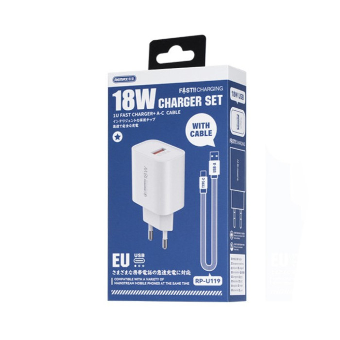 Мережевий зарядний пристрій з кабелем REMAX Kiddy 18W Charger+ Cable Set RP-U119 EU-A-C