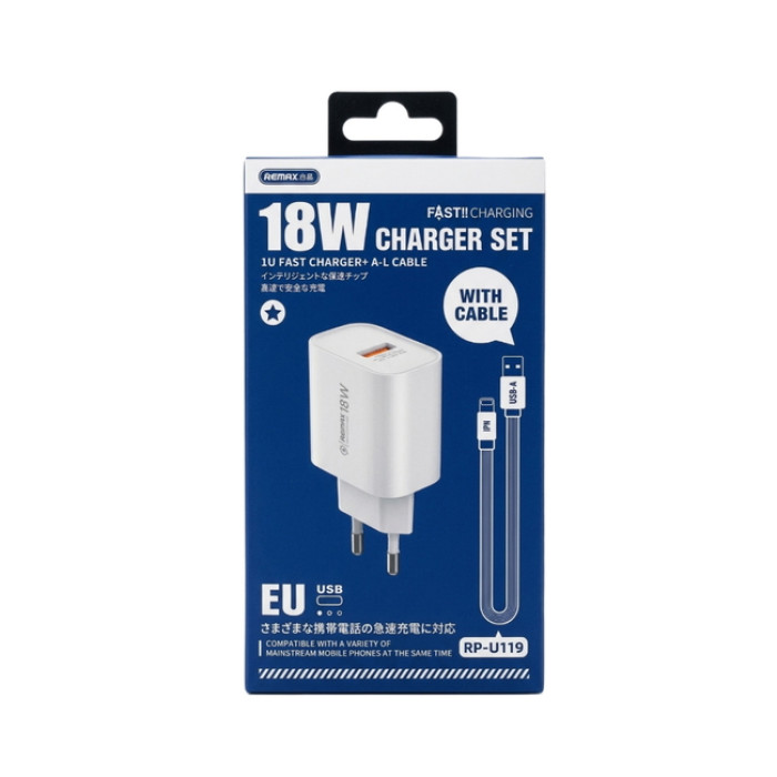 Мережевий зарядний пристрій з кабелем REMAX Kiddy 18W Charger+ Cable Set RP-U119 EU-A-L