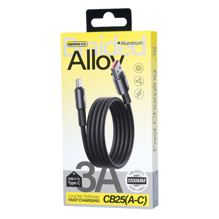 Кабель REMAX WindSpeed Series Fast charging aluminum alloy braided data cable CB25 A-C) 3A - Black 1.2M