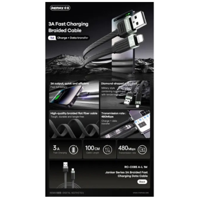 Кабель REMAX Janker Series 3A Braided Fast Charging Data Cable RC-C085 A-L Black