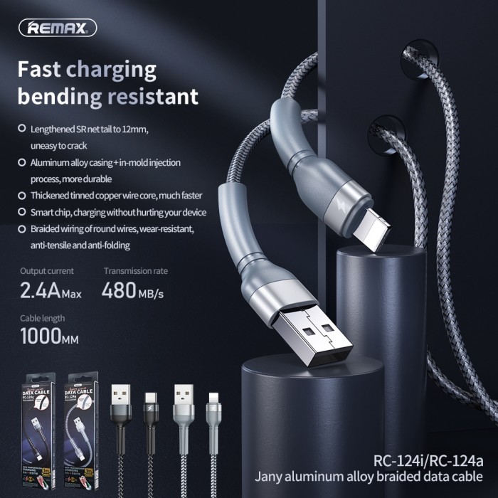 Кабель REMAX Jany Series Aluminum Alloy Braided 2.4A data cable RC-124m/i/a Lightning-Black