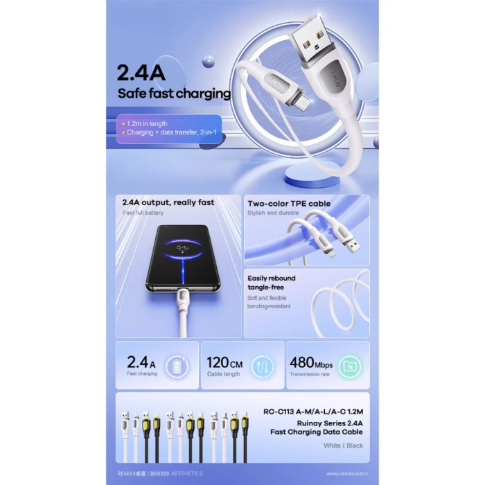 Кабель REMAX Ruinay Series 2.4A Fast Charging Data Cable 1M RC-C113 A-M-White