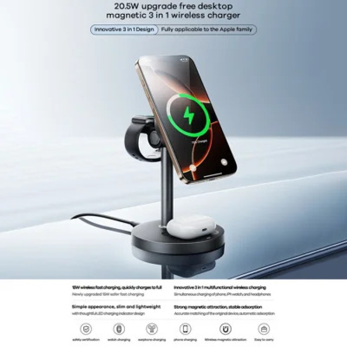 Бездротовий зарядний пристрій REMAX 20.5W upgrade free desktop magnetic 3 in 1 wireless charger CW01 Black