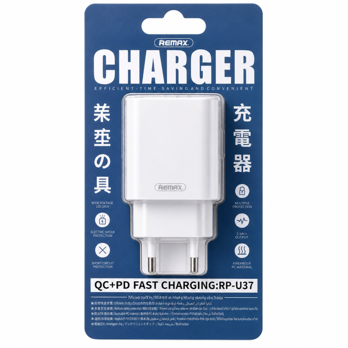 Мережевий зарядний пристрій з кабелем REMAX Jane Series QC3.0+PD 20W GaN Fast Charger set c-l RP-U37 EU-White