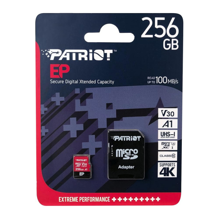 Карта пам'яті microSDXC (UHS-1 U3) Patriot EP Series 256Gb class 10 V30 (R-100MB/s, W-80MB/s) (adapter SD)