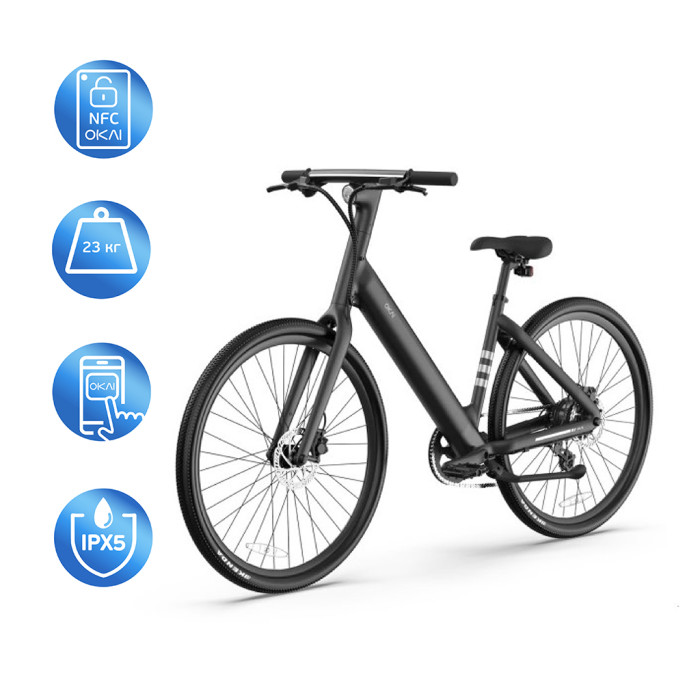 Електровелосипед OKAI EB60 Black 28', 250(500)W, 9,6Ah, 61.2km, 25km\h, NFC, App, 23kg