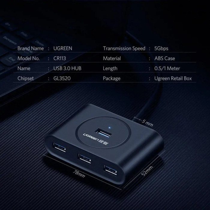 USB-хаб UGREEN USB 3.0 Hub 0.5m (Black)
