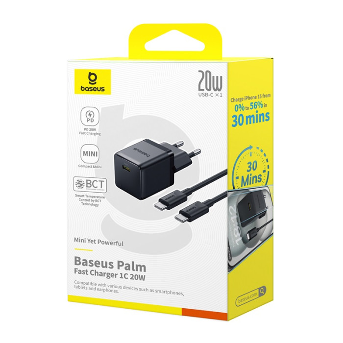Мережевий зарядний пристрій з кабелем Baseus Palm Fast Charger 1C 20W EU Cluster Black (with Baseus Cable USB-C to USB-C 60W ) 1m Cluster Blac