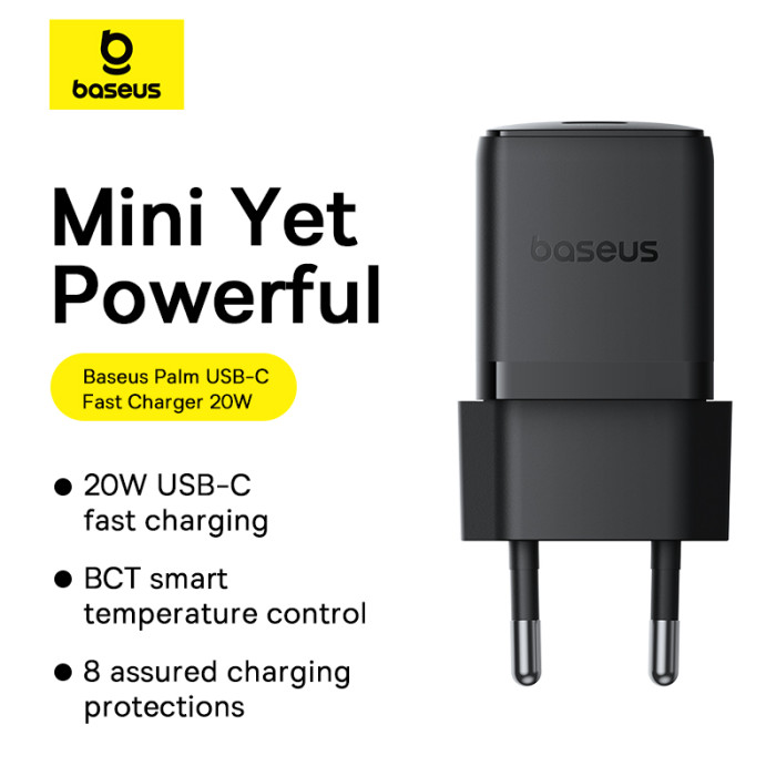 Мережевий зарядний пристрій з кабелем Baseus Palm Fast Charger 1C 20W EU Cluster Black (with Baseus Cable USB-C to USB-C 60W ) 1m Cluster Blac