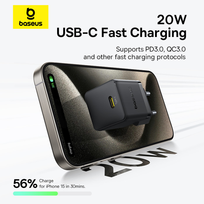 Мережевий зарядний пристрій з кабелем Baseus Palm Fast Charger 1C 20W EU Cluster Black (with Baseus Cable USB-C to USB-C 60W ) 1m Cluster Blac