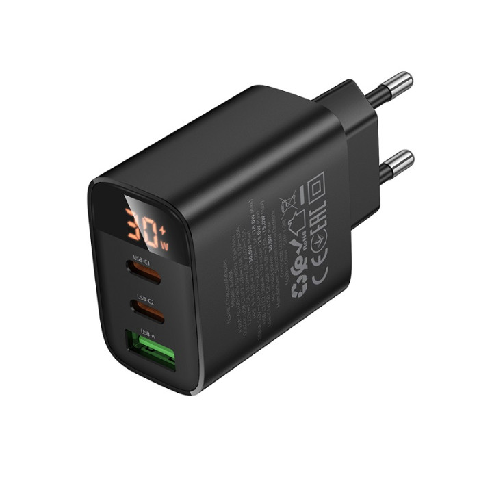 Мережевий зарядний пристрій BOROFONE BA98A Ilustre PD30W (2C1A) charger with digital display (EU) Black