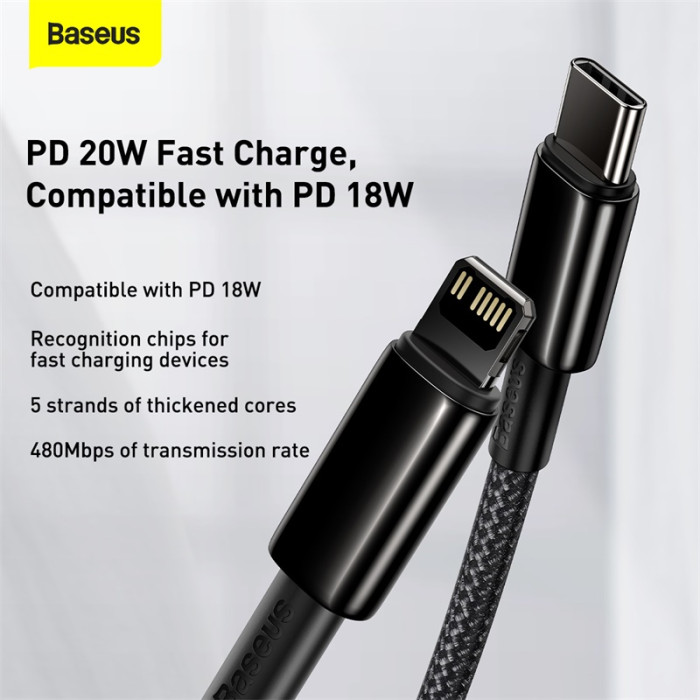 Кабель Baseus Tungsten Gold Fast Charging Data Cable Type-C to iP PD 20W 2m Black