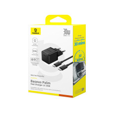 Мережевий зарядний пристрій з кабелем Baseus Palm Fast Charger 1C 30W EU Cluster Black(With: Baseus Mini White Cable C to C 60W(20V/3A) 1m
