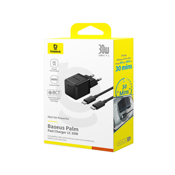 Мережевий зарядний пристрій з кабелем Baseus Palm Fast Charger 1C 30W EU Cluster Black(With: Baseus Mini White Cable C to C 60W(20V/3A) 1m