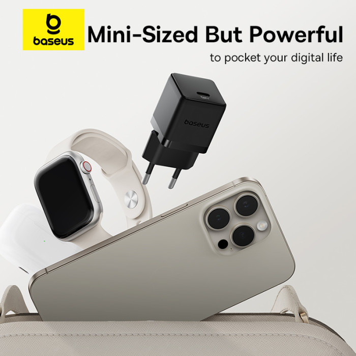 Мережевий зарядний пристрій з кабелем Baseus Palm Fast Charger 1C 30W EU Cluster Black(With: Baseus Mini White Cable C to C 60W(20V/3A) 1m