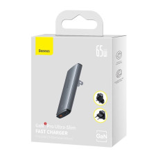Мережевий зарядний пристрій з  кабелем Baseus GaN5 Pro Ultra-Slim Fast Charger C+U 65W Gray((With Mini White Cable C to C 100W(20V/5A) 1m Black)