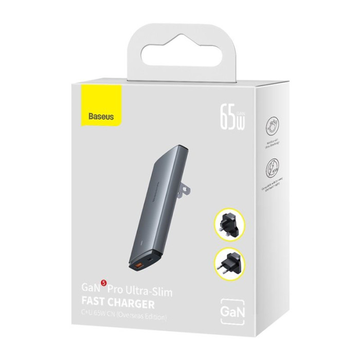 Мережевий зарядний пристрій з кабелем Baseus GaN5 Pro Ultra-Slim Fast Charger C+U 65W Gray((With Mini White Cable C to C 100W(20V/5A) 1m Black)