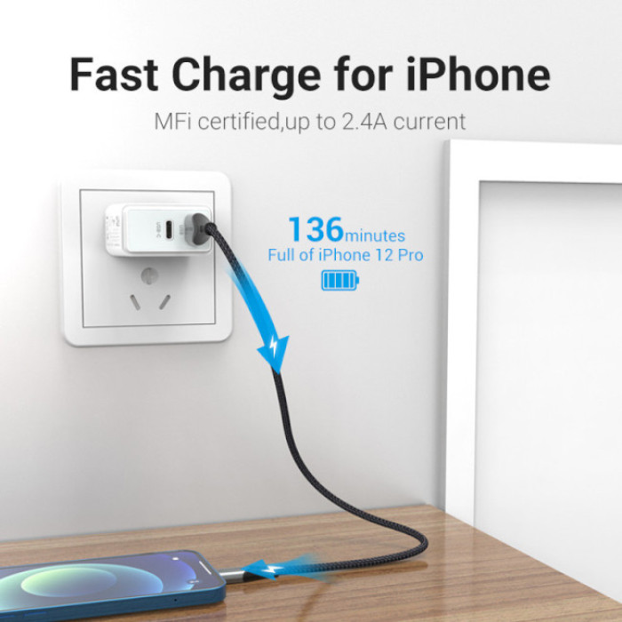 Кабель Vention USB 2.0 A to Lightning Cable 2M Gray Aluminum Alloy Type (LABHH)