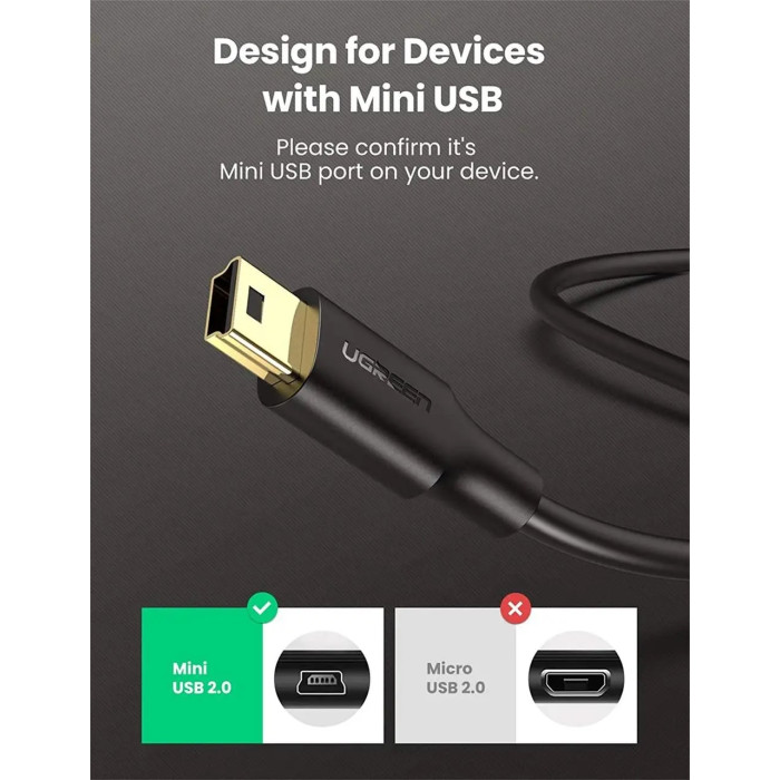 Кабель UGREEN USB 2.0 A Male to Mini 5 Pin Male Cable 2m (Black)