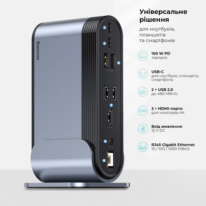 USB-хаб Baseus UnionJoy 17-Port Triple-Display Docking Station Space Grey（USB-C to HDMI4K@60Hz*2+DP4K@60Hz*1+USB3.0*3+USB-C3.0*2+USB2.0*2+PD*1+PC*1+