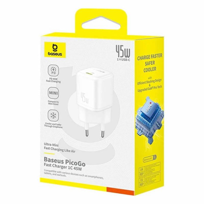 Мережевий зарядний пристрій Baseus PicoGo GaN Fast Charger 1C 45W EU Moon White