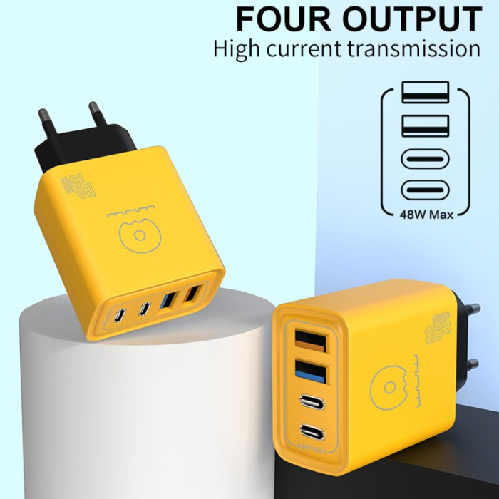 Мережевий зарядний пристрій WUW-C212 48W Charger 2 USB C + 2 USB C yellow
