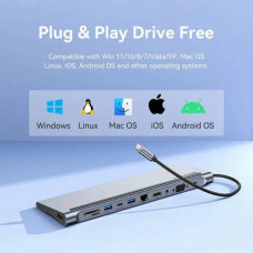 USB-хаб Vention Multi-function USB-C to HDMI/VGA/USB-C Gen 1/USB 3.0x2/USB 2.0/RJ45/SD/TF/TRRS 3.5mm/PD Docking Station 0.25m